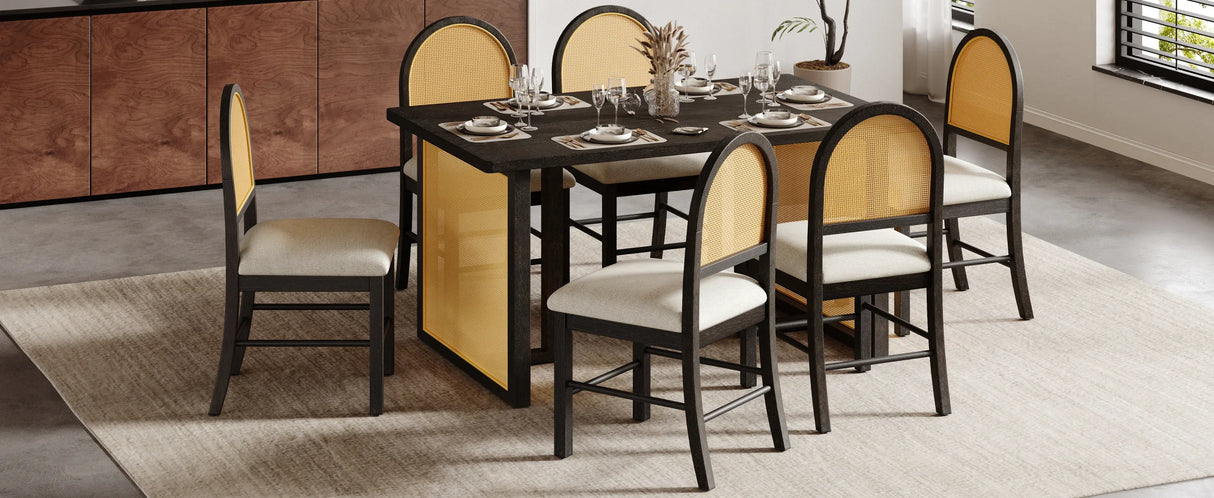 7-Piece Farmhouse Dining Table Set With Rattan Chairs - Omega Lifestyles