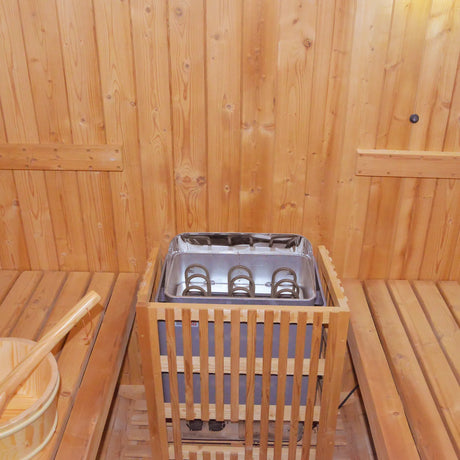 Metal Stove Heated Carbonized Spruce Wood Sauna Seat - Omega Lifestyles