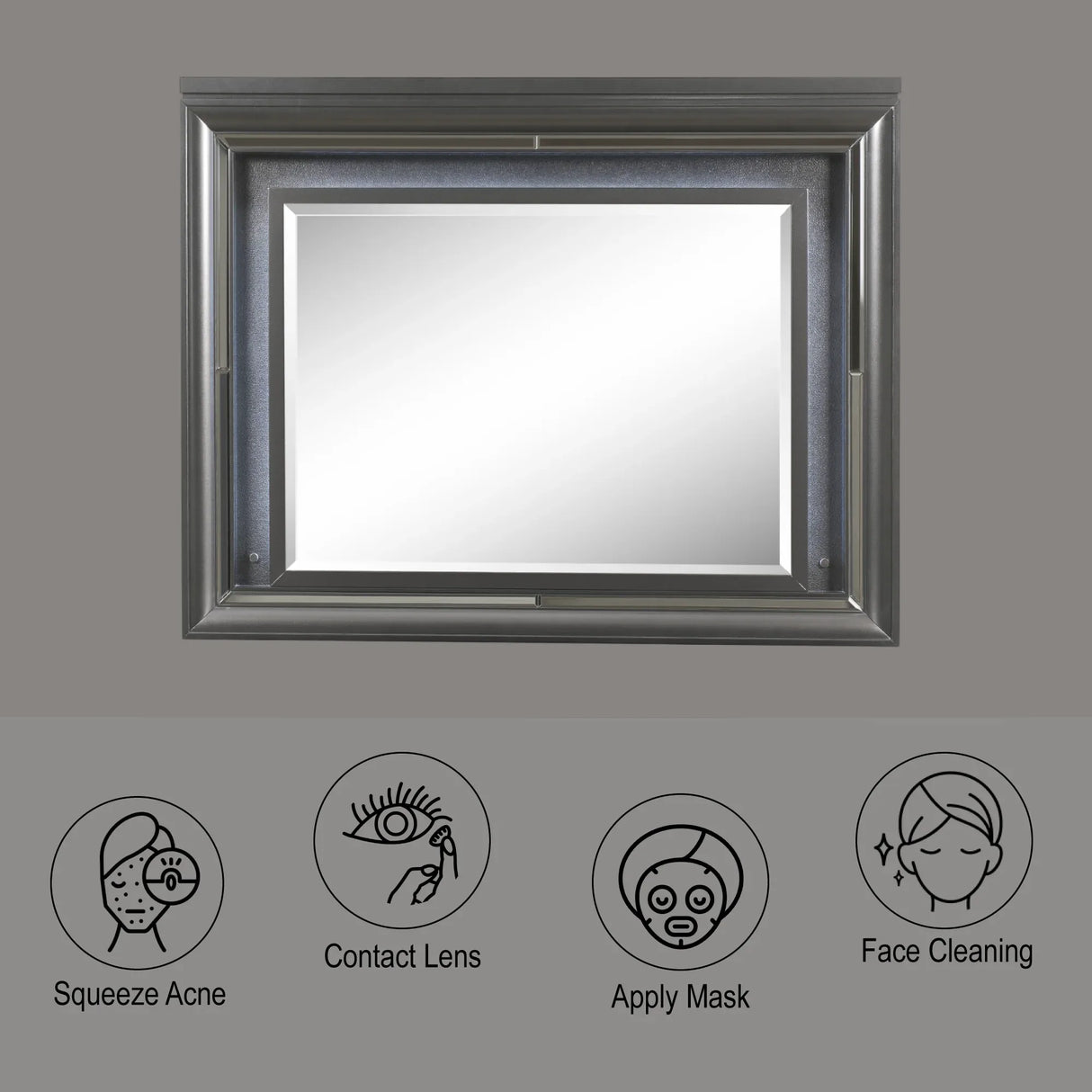 LED Gray Framed Wall Mirror With Beveled Edge Lighting - Omega Lifestyles
