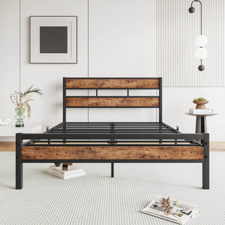Full Full-Size Industrial Metal And Wood Platform Bed Frame - Omega Lifestyles
