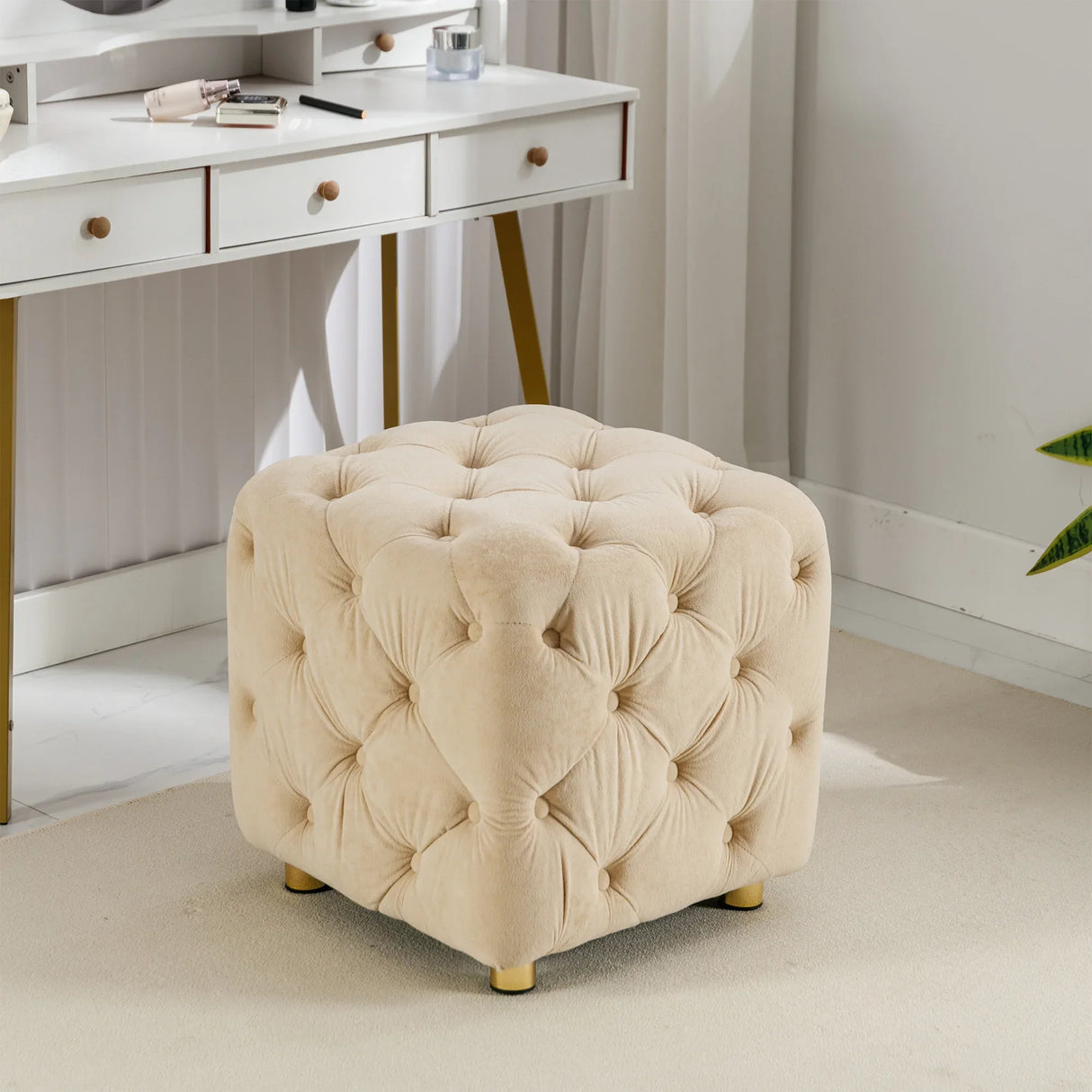 Beige Velvet Storage Ottoman With Concealed Compartment - Omega Lifestyles