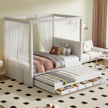 Twin Upholstered Canopy Platform Bed With Trundle and Storage - Omega Lifestyles
