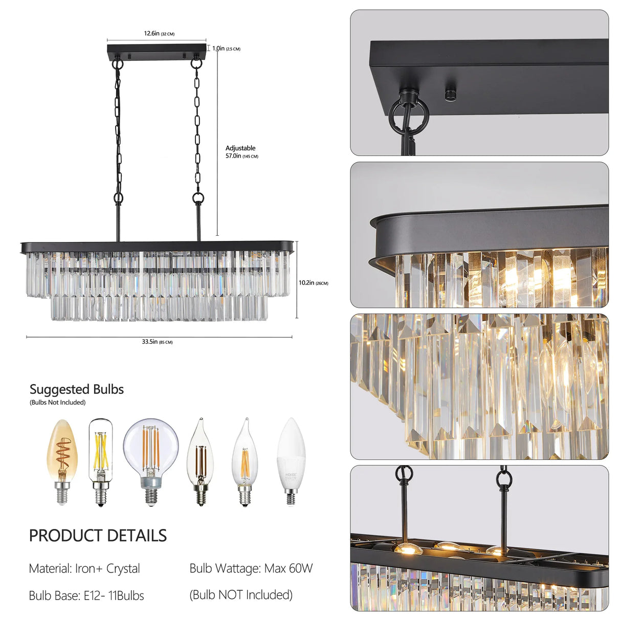 Adjustable Rectangular Iron Crystal Chandelier Lighting Fixture - Omega Lifestyles