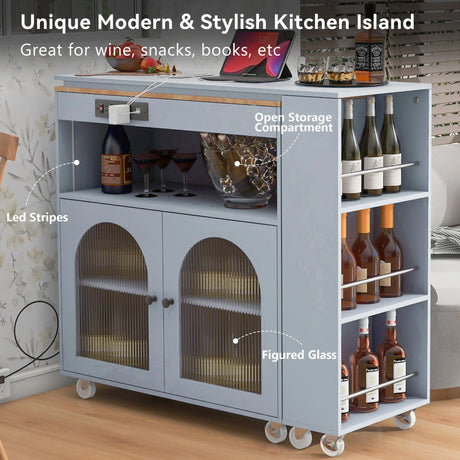 Rolling Kitchen Island With Extended Table Power Outlets LED Lights - Omega Lifestyles