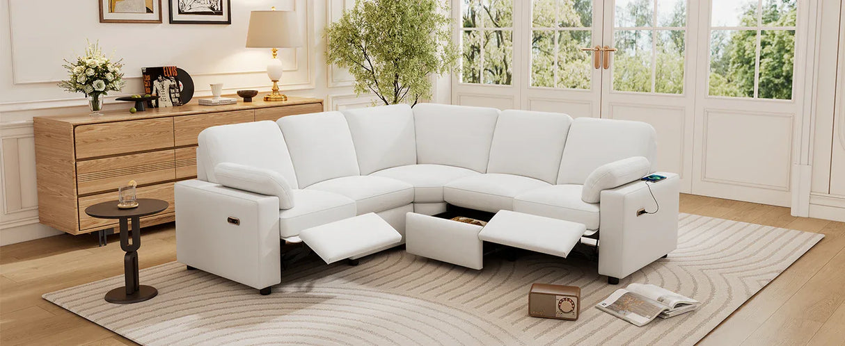 Beige Linen Fabric Power Recliner Sectional Sofa With USB Ports - Omega Lifestyles