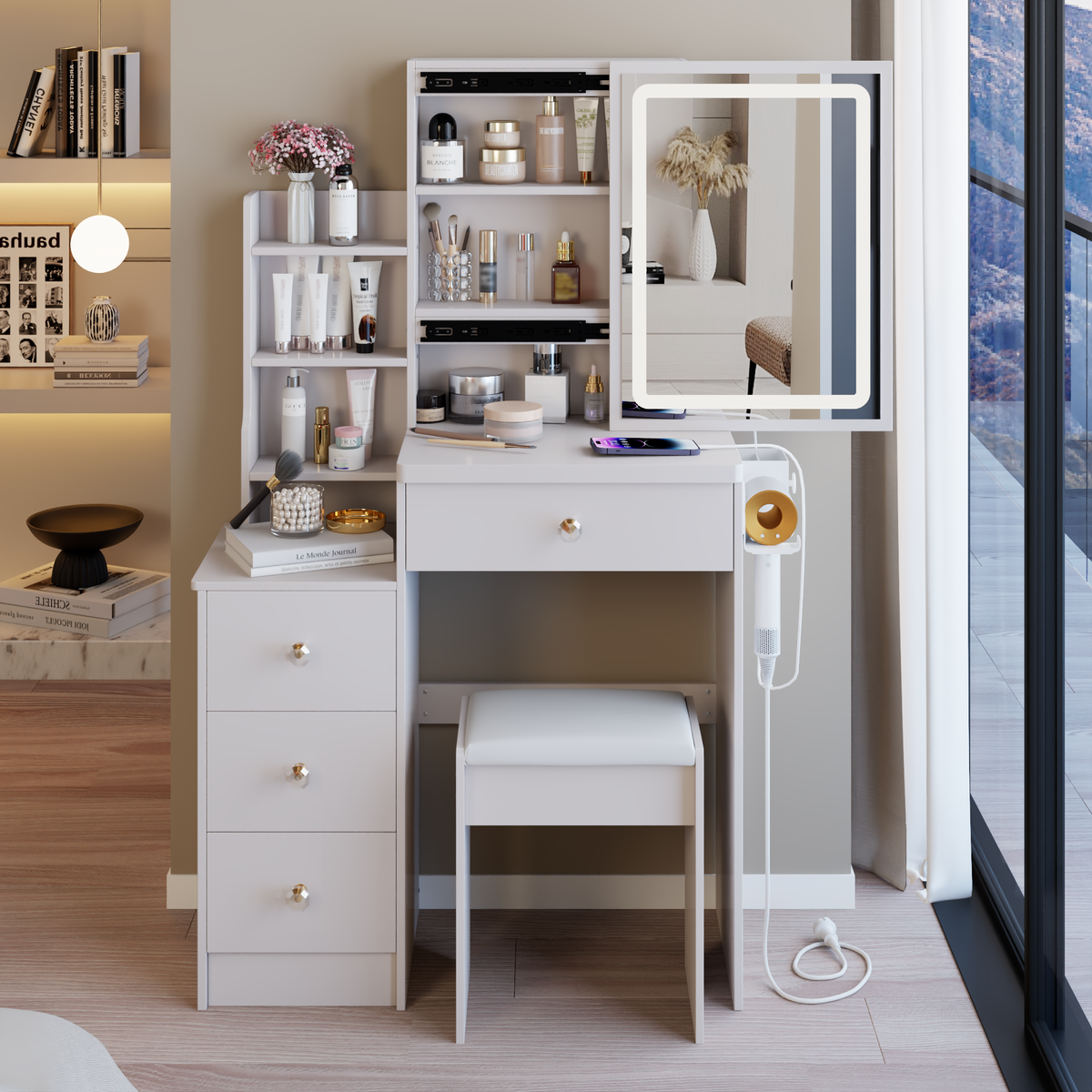 Luxury Small White MDF Vanity Table With Stool and Mirror Lighting