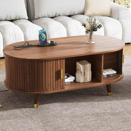 Mid-Century Modern Walnut Coffee Table With Charging Station - Sleep Galleria