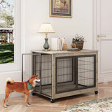 Furniture Style Grey Dog Crate With Rolling Wheels - Omega Lifestyles