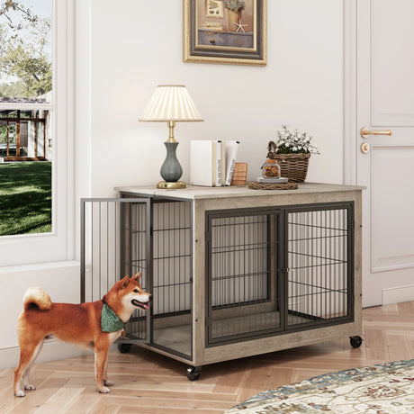 Furniture Style Grey Dog Crate With Rolling Wheels - Omega Lifestyles
