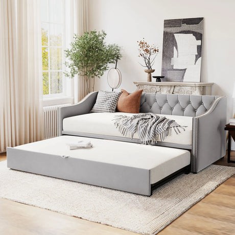Twin Upholstered Velvet Daybed With Pop-Up Trundle - Omega Lifestyles