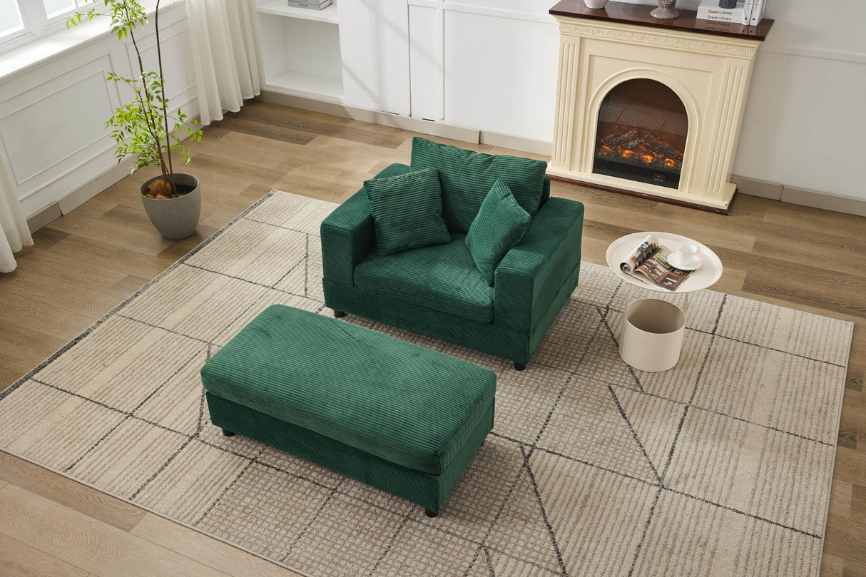 Green Corduroy Chaise Lounge Chair With Ottoman - Omega Lifestyles