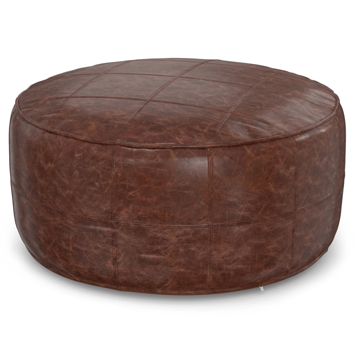 Distressed Brown Genuine Buffalo Leather Round Pouf - Omega Lifestyles