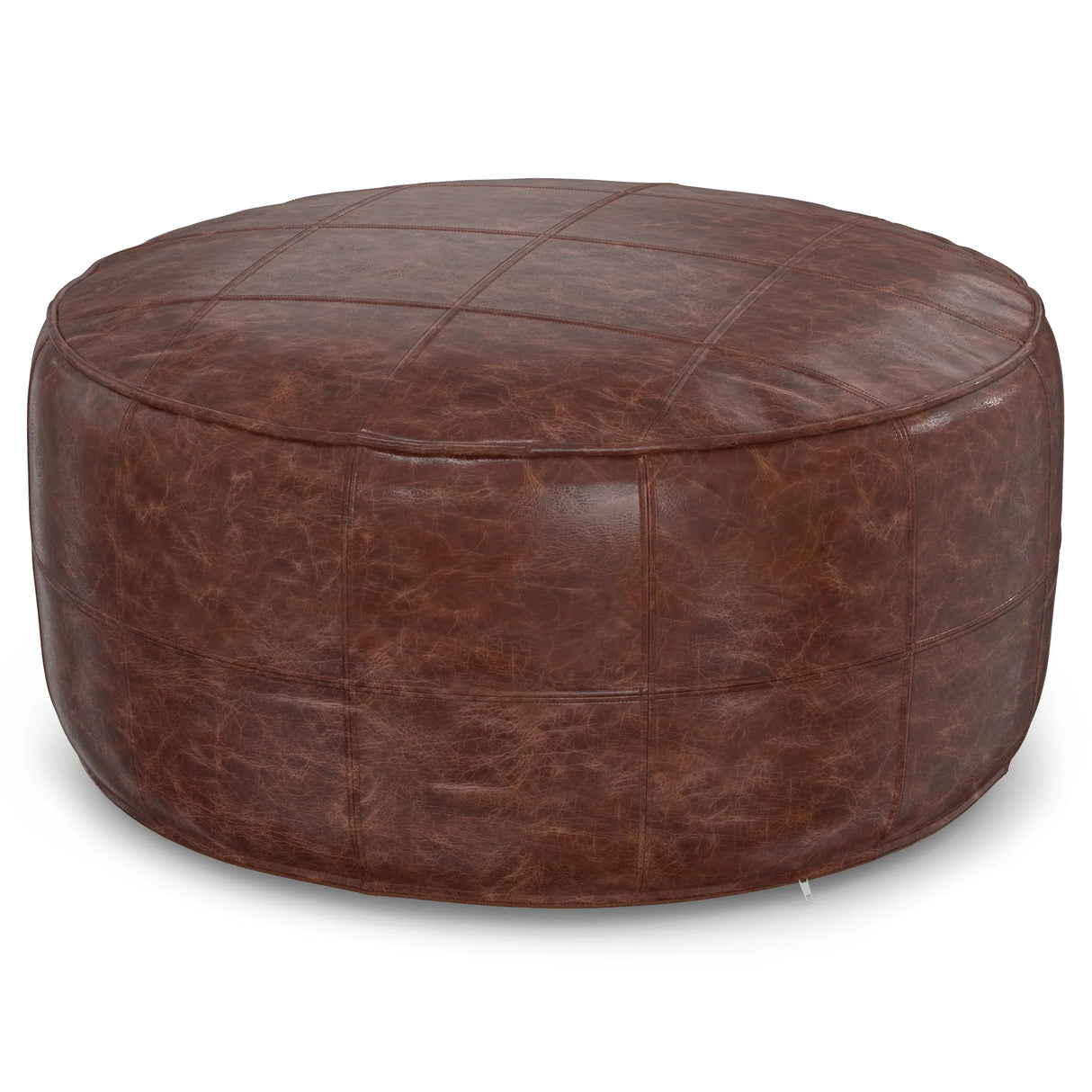 Distressed Brown Genuine Buffalo Leather Round Pouf - Omega Lifestyles