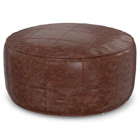 Distressed Brown Genuine Buffalo Leather Round Pouf - Omega Lifestyles