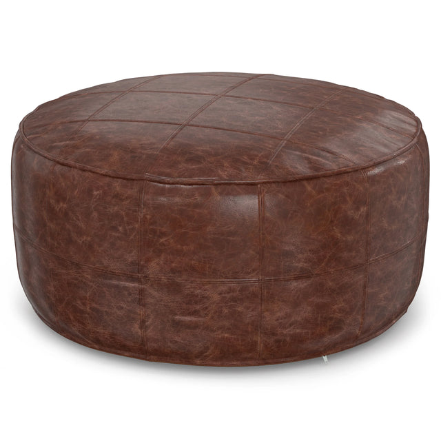 Distressed Brown Genuine Buffalo Leather Round Pouf - Omega Lifestyles