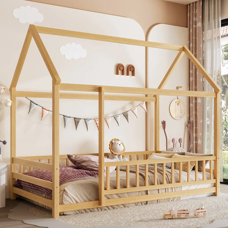 Twin Natural Pine Wood House Frame Floor Bed - Omega Lifestyles