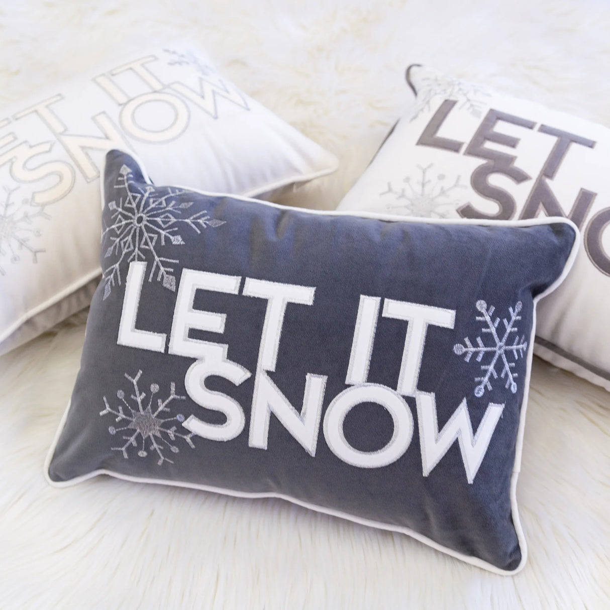 Gray Velvet Embroidered Let It Snow Lumbar Pillow 14x20 - Omega Lifestyles