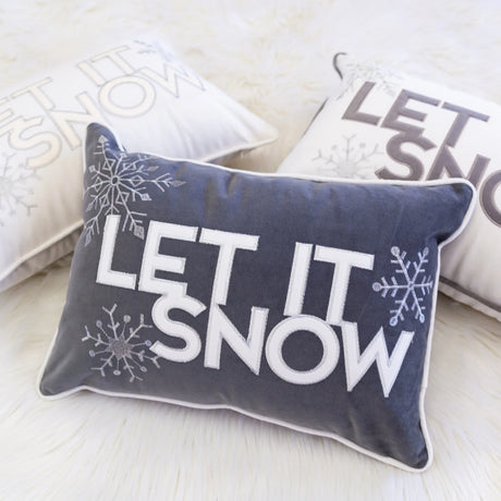 Gray Velvet Embroidered Let It Snow Lumbar Pillow 14x20 - Omega Lifestyles