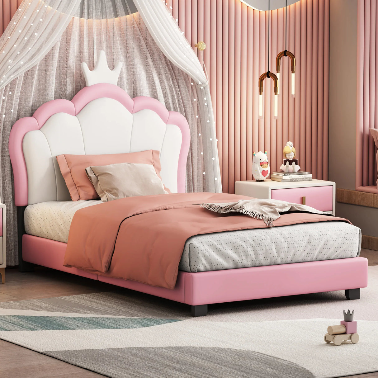Twin PU Upholstered Princess Platform Bed With Crown Headboard - Omega Lifestyles