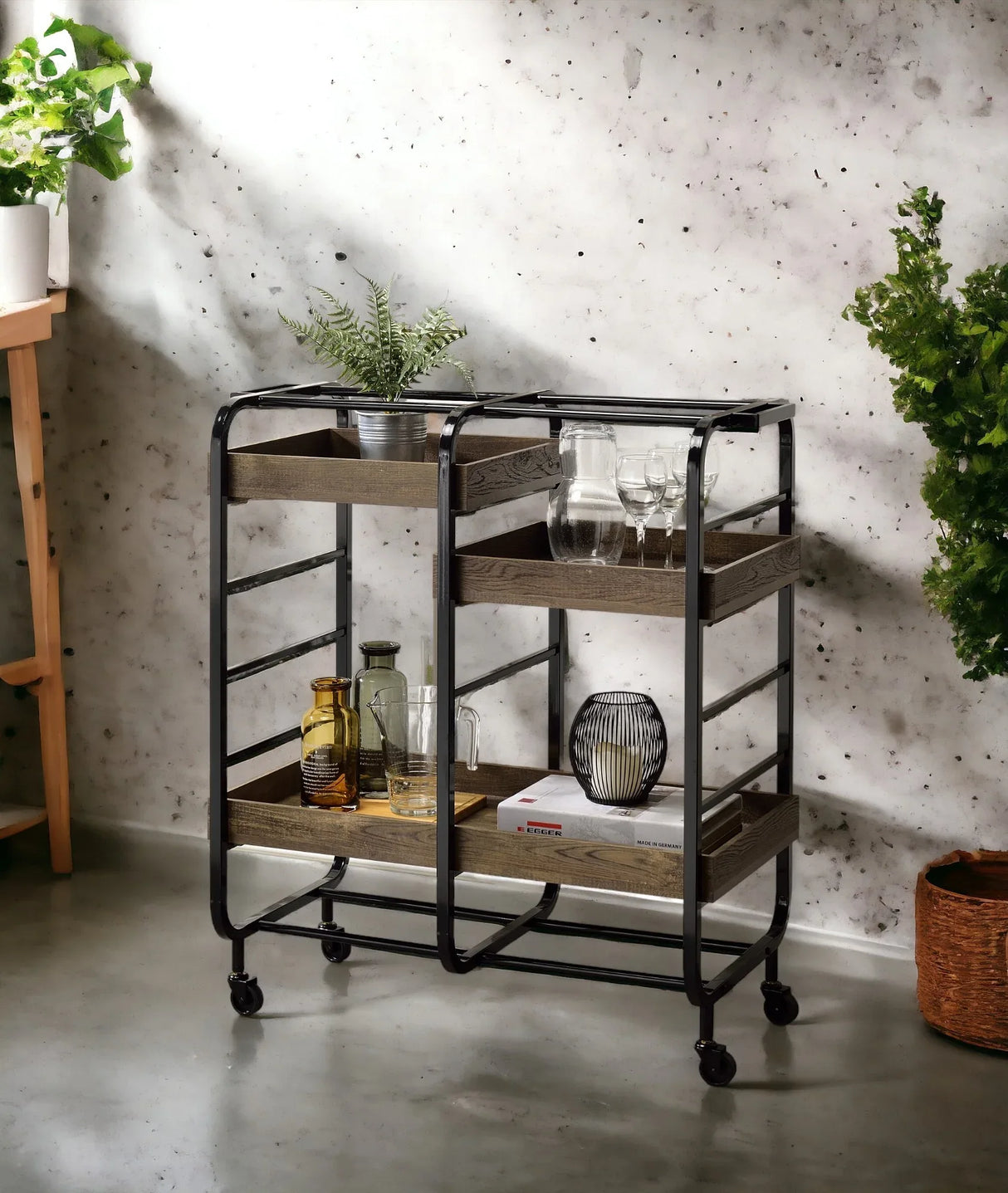 Metal And Wood Rectangular Serving Cart With Adjustable Trays - Omega Lifestyles