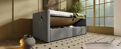 Twin Gray Velvet Upholstered Hydraulic Storage Daybed With USB Charging - Omega Lifestyles
