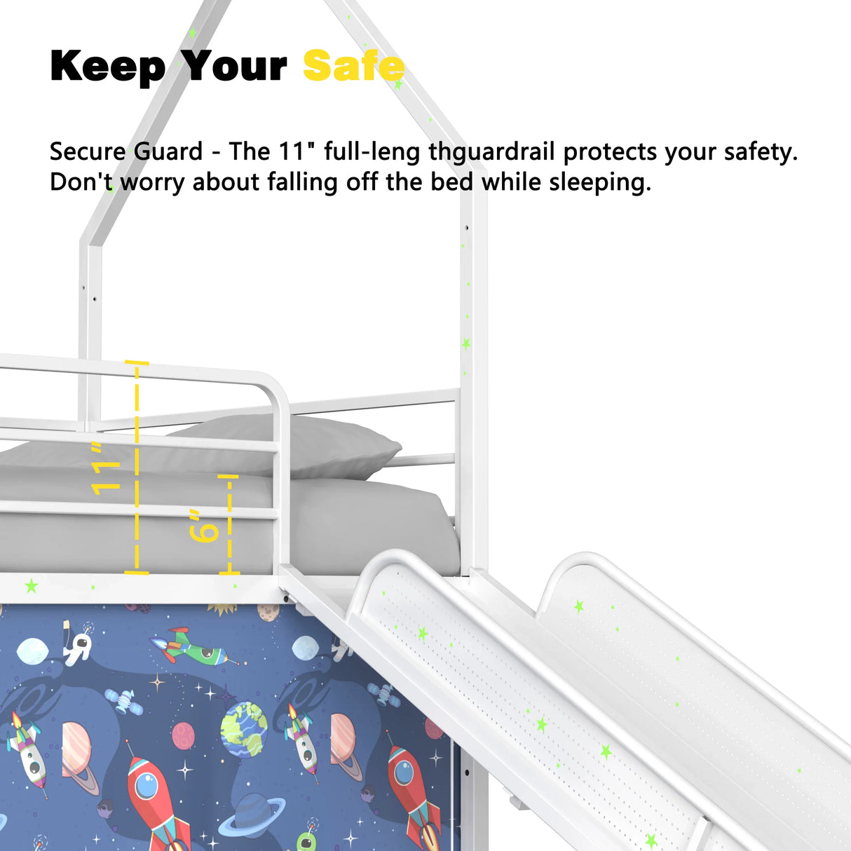 Twin Metal Junior House Loft Bed With Slide And Curtain Set - Omega Lifestyles