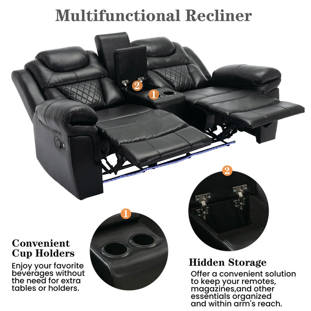 Manual Recliner Chair Faux Leather With Storage Cup Holders LED - Omega Lifestyles