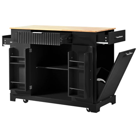 Fluted Rubber Wood Kitchen Island With Trash Can Cabinet - Omega Lifestyles