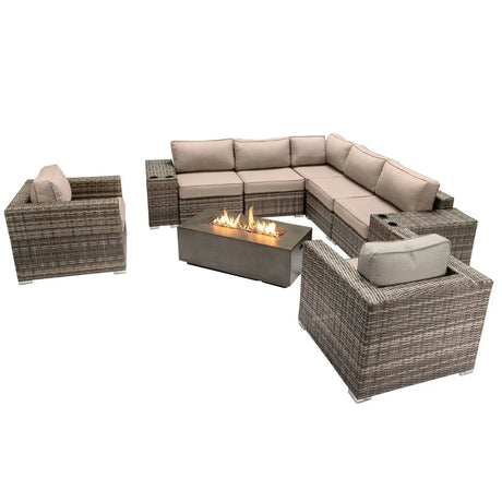 6-Person Grey Wicker Outdoor Seating Set With Fire Pit - Omega Lifestyles