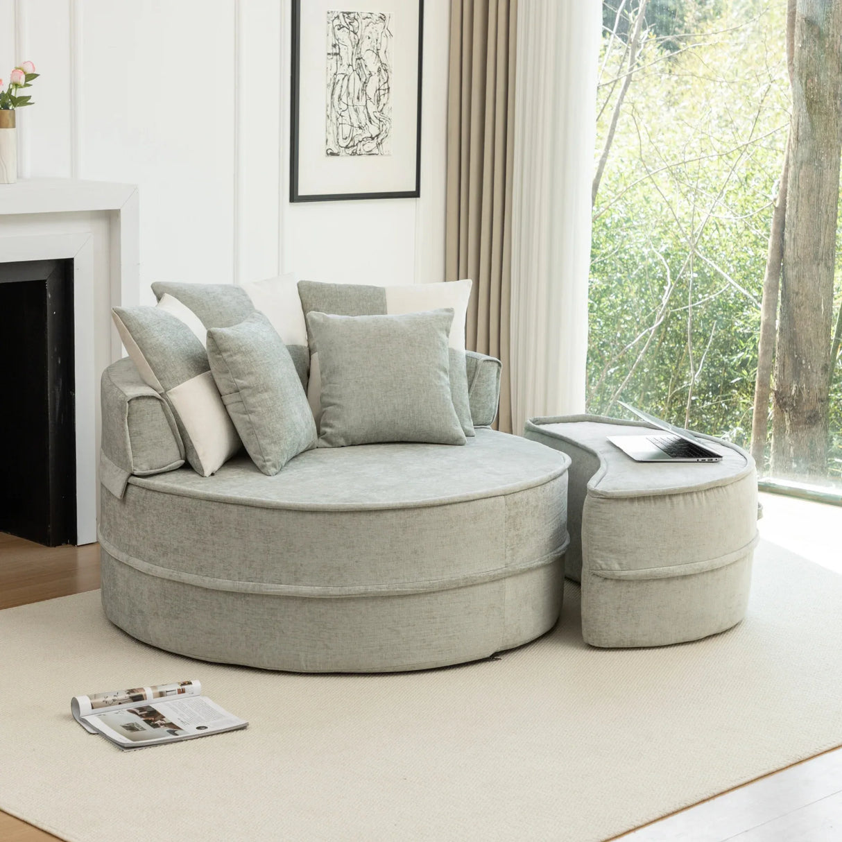 Modern Chenille Upholstered Barrel Accent Chair With Ottoman - Omega Lifestyles