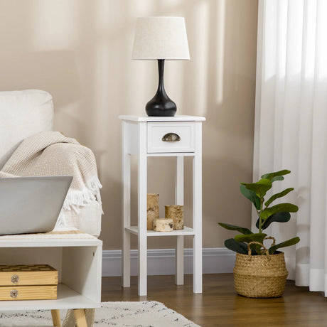 White MDF 2-Tier Side Table With Drawer and Shelf - Omega Lifestyles