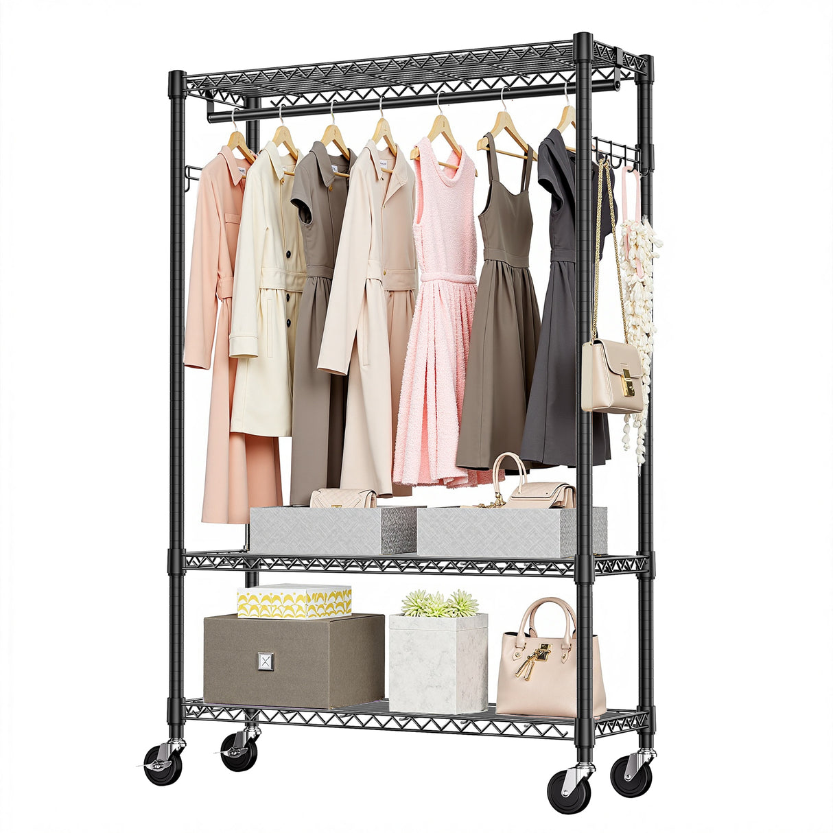 Heavy Duty Adjustable 3-Tier Rolling Clothes Rack