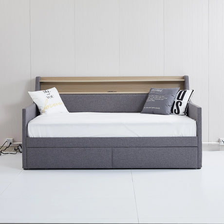 Twin Linen Upholstered Daybed With Storage Drawers Charging Station - Omega Lifestyles