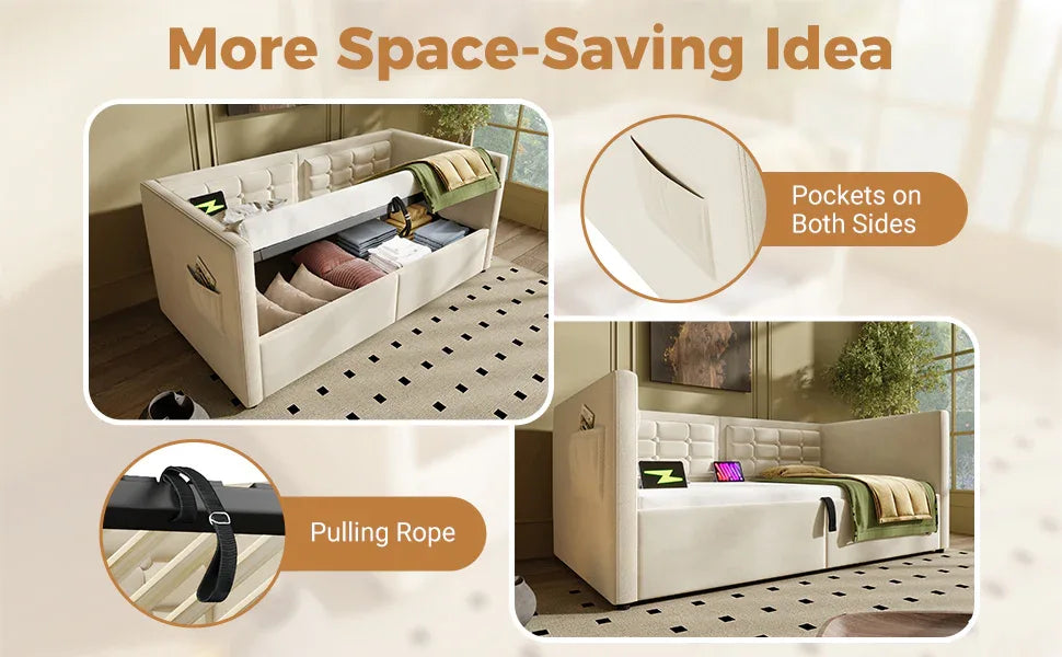 Twin Beige Velvet Upholstered Hydraulic Storage Bed Frame - Omega Lifestyles