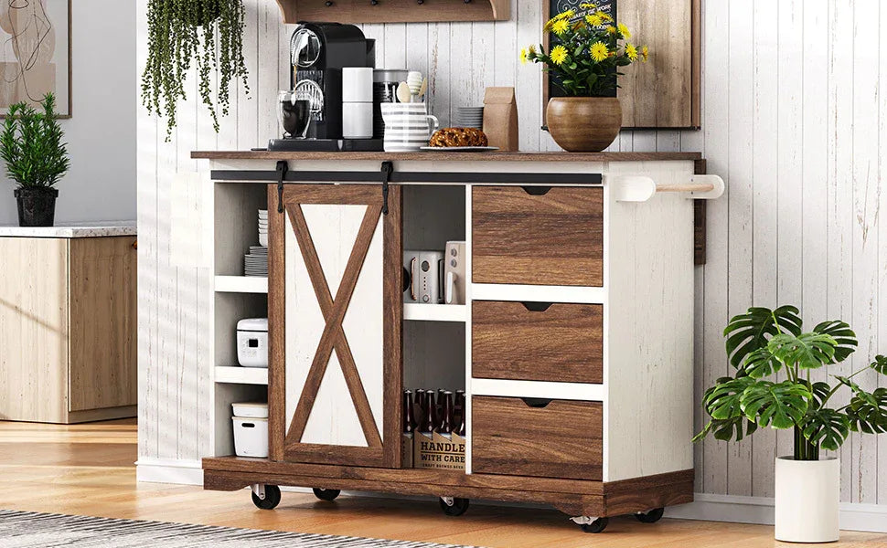 Farmhouse Sliding Barn Door Kitchen Island Cart - Omega Lifestyles