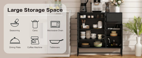 Black Woven Door Buffet Cabinet With Adjustable Storage - Omega Lifestyles