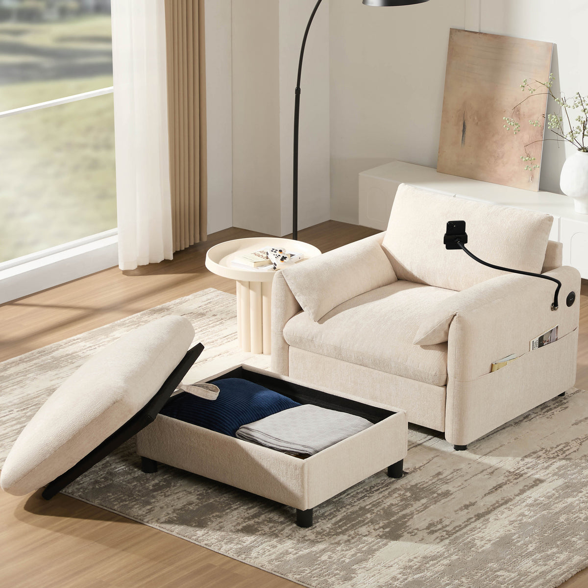 Modern Chenille Single Sofa With Storage Ottoman And Charger