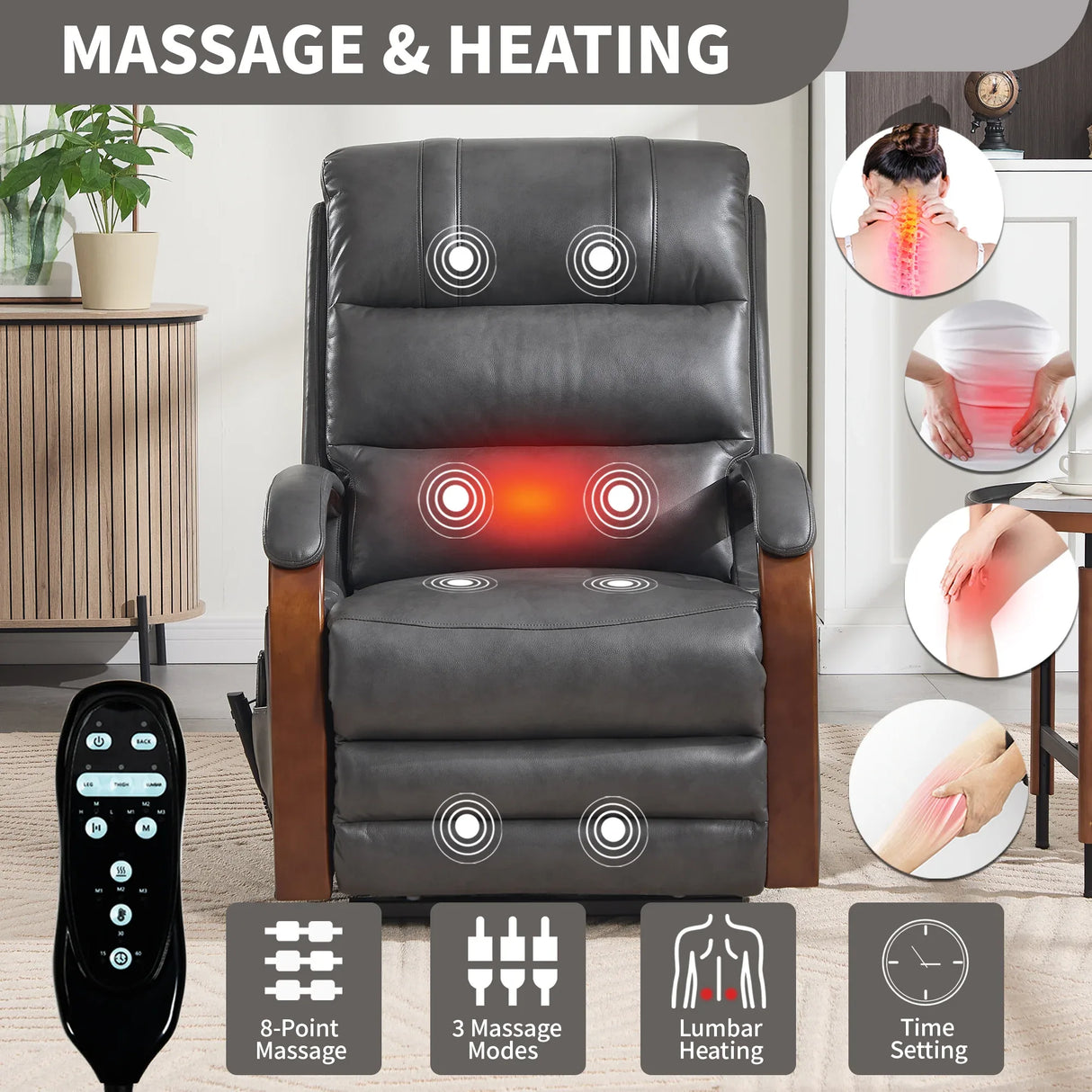 Power Lift Recliner Chair With Heat Massage and Wood Armrests - Omega Lifestyles
