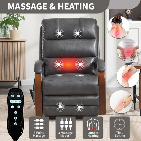Power Lift Recliner Chair With Heat Massage and Wood Armrests - Omega Lifestyles