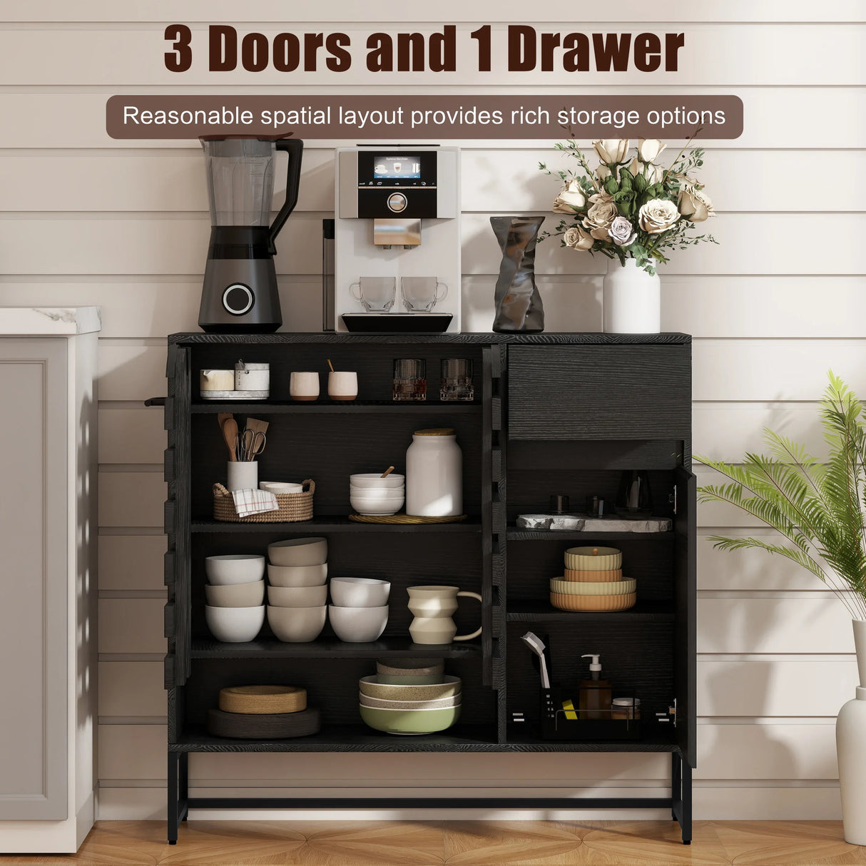 Black Woven Door Buffet Cabinet With Adjustable Storage - Omega Lifestyles