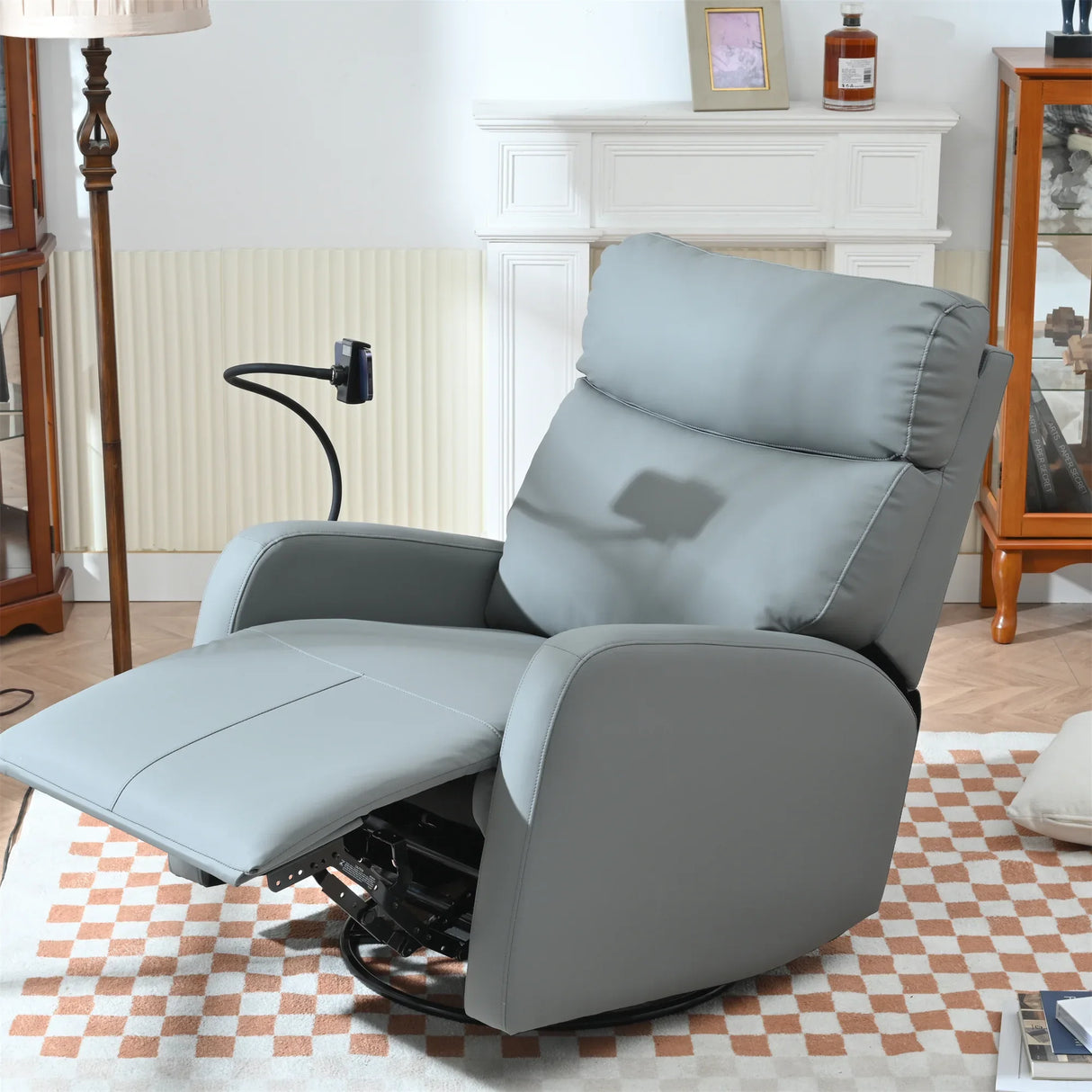 Modern Blue Gray PU Swivel Rocker Recliner Chair - Omega Lifestyles