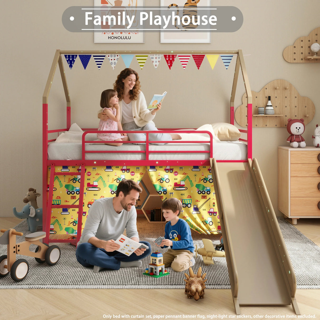 Twin Metal Junior House Loft Bed With Slide And Curtain - Omega Lifestyles