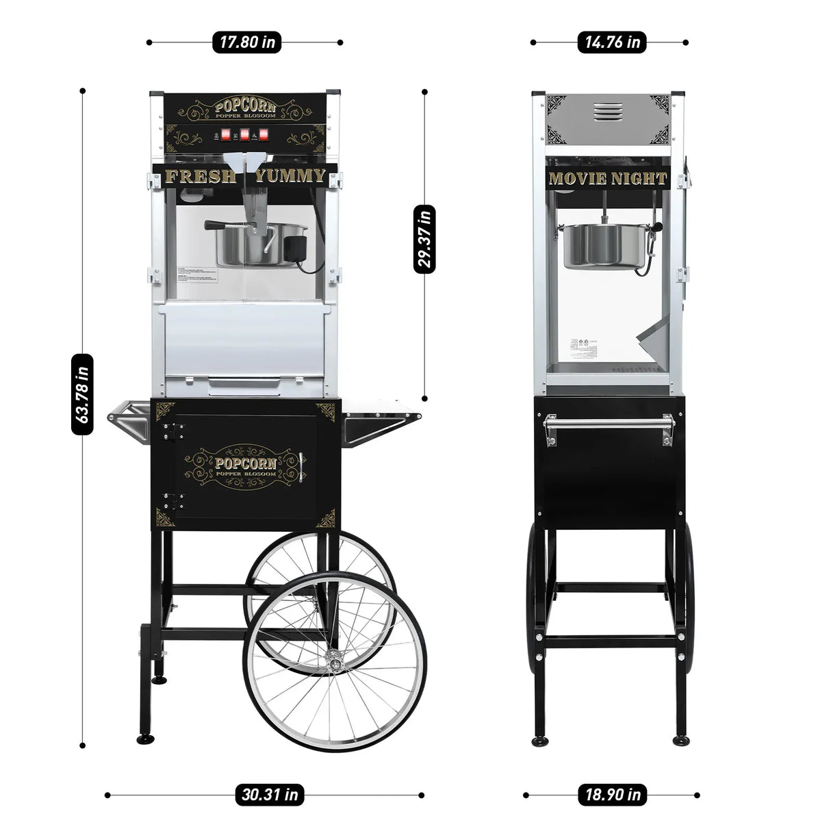 Commercial Popcorn Machine With Cart And Stainless Steel Kettle - Omega Lifestyles