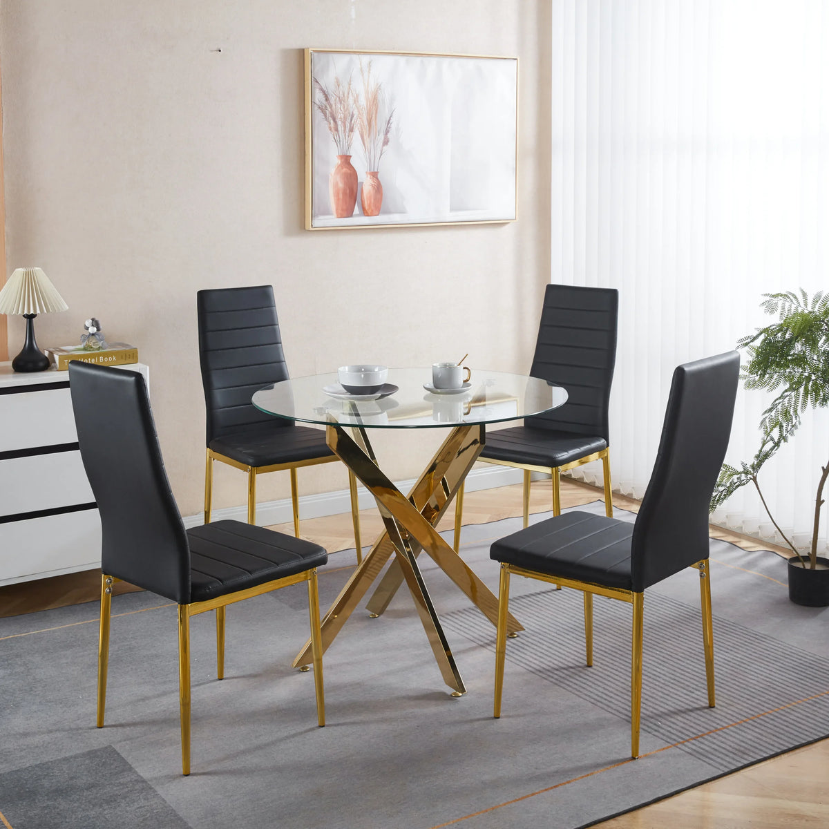 5-Piece Mid-Century Glass Top Metal Leg Dining Set - Omega Lifestyles
