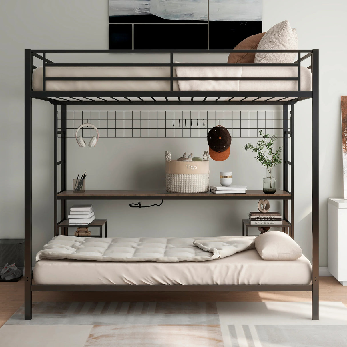 Full Over Twin Metal Bunk Bed With Desk Charging Station - Omega Lifestyles