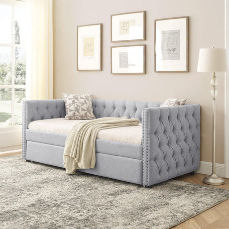 Mid-Century Upholstered Twin Daybed With Trundle Gray Linen - Omega Lifestyles