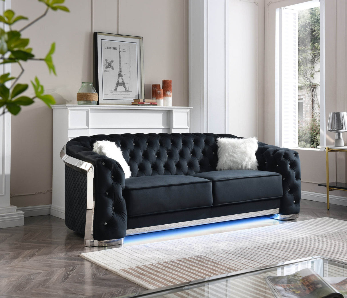 Modern Velvet 3-Seat Sofa With LED Accent Lighting - Omega Lifestyles