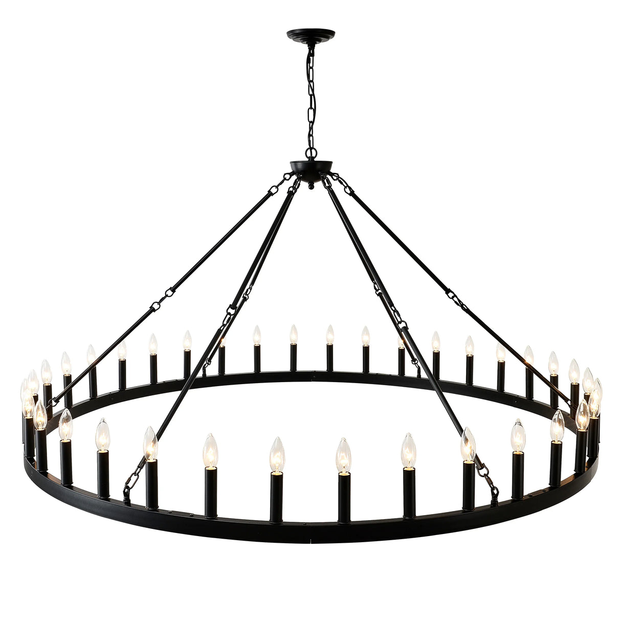 Farmhouse Matte Black Wagon Wheel Chandelier 36-Light 64-Inch - Omega Lifestyles