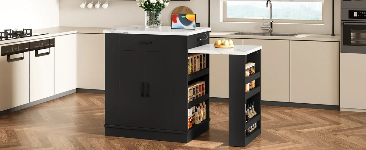 Extendable Black Kitchen Island With Storage Cabinet - Omega Lifestyles
