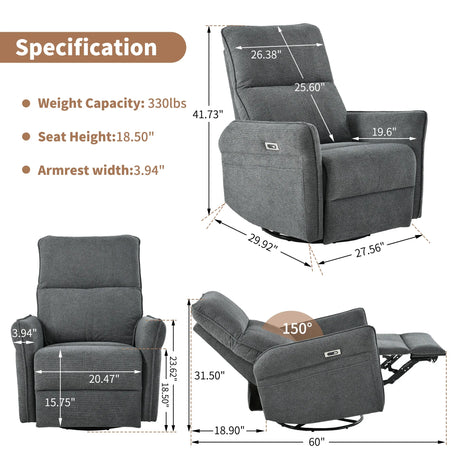 Power Swivel Rocker Recliner Chair With USB Ports - Omega Lifestyles
